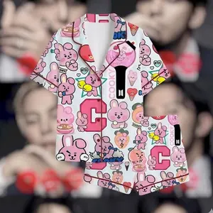 Kpop Fan Pajamas Women, BT21 Style Cartoon PJ Set, Cute Lounge Sleepwear Gift, All-over Print Kid and Youth Satin Short-Sleeve Pajamas Set