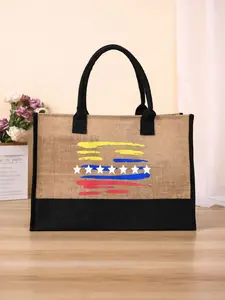 Light Brown Woven Jute Tote Bag with Sturdy Black Handles - Eco-Friendly Handbag Featuring Colorful Abstract Brushstroke Design and Solid Black Side Panels for Shopping and Everyday Use