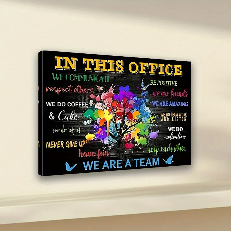 Inspirational Office Canvas Poster Bright Colorful Tree Teamwork and Inspirational Quotes Wall Art, 1 Piece Framed Canvas Print, Suitable for Home, Bedroom, Kitchen, Living Room, Office Decoration