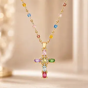 Rainbow Cross Pendant Necklace Sparkling Necklace with Exquisite Gift Box Elegant Design Versatile Wear for Special Occasions Accessories for Women Valentines&birthday Graduation Gift for Girlfriend Stud