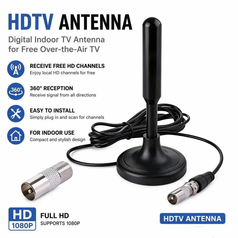Digital TV Antenna, Portable Indoor OTA TV Aerial with 3M Coaxial Cable & Adapter, Free Local Channels Replace Cable TV for Apartment Home long range hd tv antenna