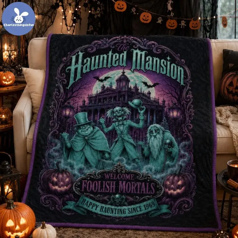 Retro Haunted Mansion Fleece Blanket, Hitchhiking Ghosts Throw Blanket, Spooky Ghost Halloween Decor, Vintage Cozy Blanket, Family Gift