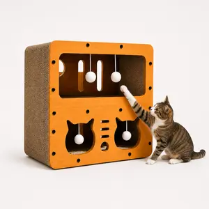 Interactive Cat Scratcher Toy Box with Hanging Balls, Wooden Cat Activity Center, Cardboard Scratching Board, Indoor Cat Puzzle Playhouse for Kittens & Adult Cats