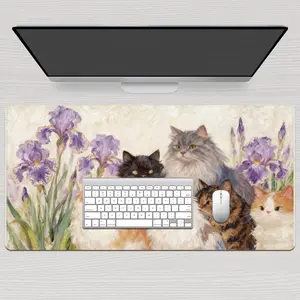 LIVEKEY Gaming & Office Mouse Pad, 80x40cm Large Aesthetic Cat & Iris Flower Design Desk Mat, Non-Slip Base, Smooth Surface for Precise Control, Durable Stitched Edges, Comfortable