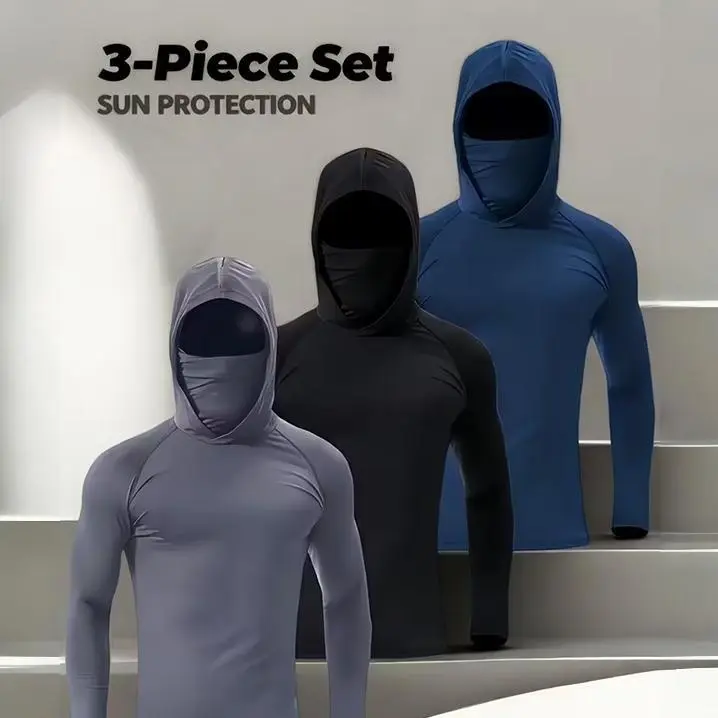Men's 3-Pack All-Season Hooded Gym Sporty Hoodies & Sweatshirts with Face Masks - High-Elasticity Compression Long-Sleeve Quick-Dry Breathable Tight-Fit Tops for Fitness Training, Casual Wear, Anti-Snagging