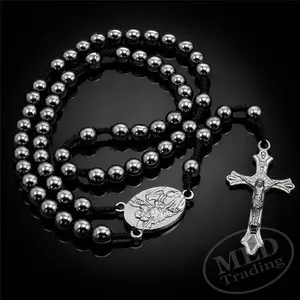 Saint St Michael Hematite Rosary – 12.5" Length – Black 6mm Prayer Beads
