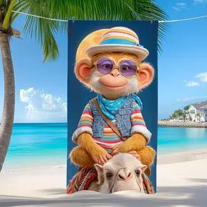 2D Flat, 1pc Suige Cute Monkey Print Beach Towel & Blanket - Quick-Dry Large Bath Towel Suitable for Pool, Gym, Yoga, Travel - Lightweight Portable with Monkey, Machine Washable