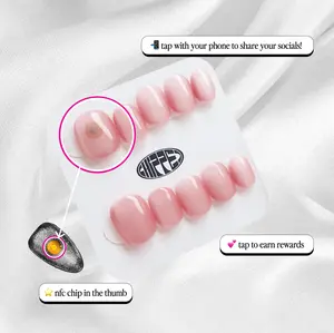 Bubble Pop Pink Cat-Eye Press-On Nails with Microchip Thumb for Social Sharing & Rewards NFC Technology Included Short Round Design