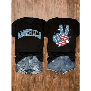 America Graphic Tee Patriotic Peace Sign Stars And Stripes Print Womens Oversized Crewneck Short Sleeve Soft Cotton Casual Summer Outfit Top