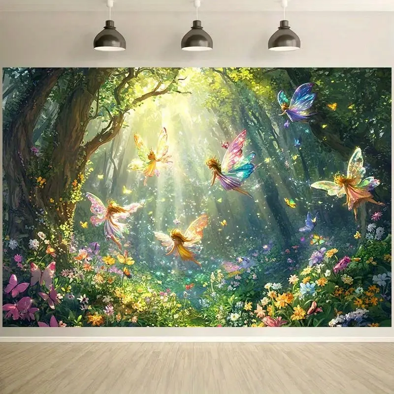 Magical Forest Fairy Tapestry - Decorative Fantasy Aesthetic Polyester Wall Hanging, Bright Sunlight & Butterfly Pattern Room Art, Retro Birthday Gift for Outdoor Party Decor