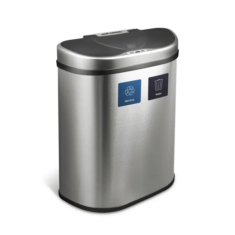 NINESTARS 18 Gal 70L, Automatic Touchless Infrared Motion Sensor Trash Can,  Dual Recycle Bins, Heavy Duty Stainless Steel Base (Oval, Silver/Brush Lid)