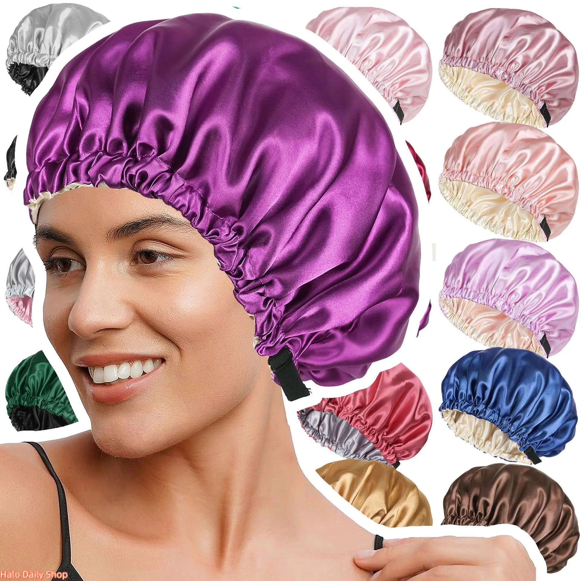 Women's 2026 New Double-Layer Satin Nightcap - Button-Adjustable Hair Care Cap, Shampoo Shower Cap, Shampoo Cap