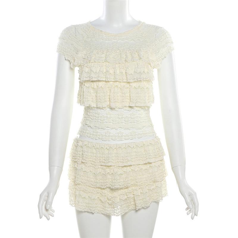 SERENZY-  Sexy Hollow Ruffle Crop Top Shorts Skirt Women Solid Elegant Slim Clothes 2 PieceS