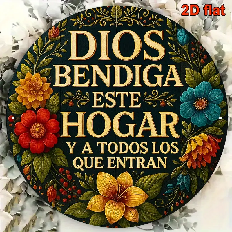 Spanish Prayer Plaque "God Bless This House", Bilingual English/Spanish Religious Wall Decor with Latin Blessing, Vintage Round Altar Metal Tin Sign for Home, Durable Suitable for Christmas, Kitchen & Entryway, Spanish-Language Scripture