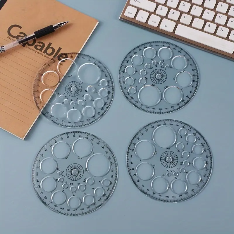 2pcs Student Drafting Rulers - 360° Full Circle Protractor & Drawing Template, Durable Plastic