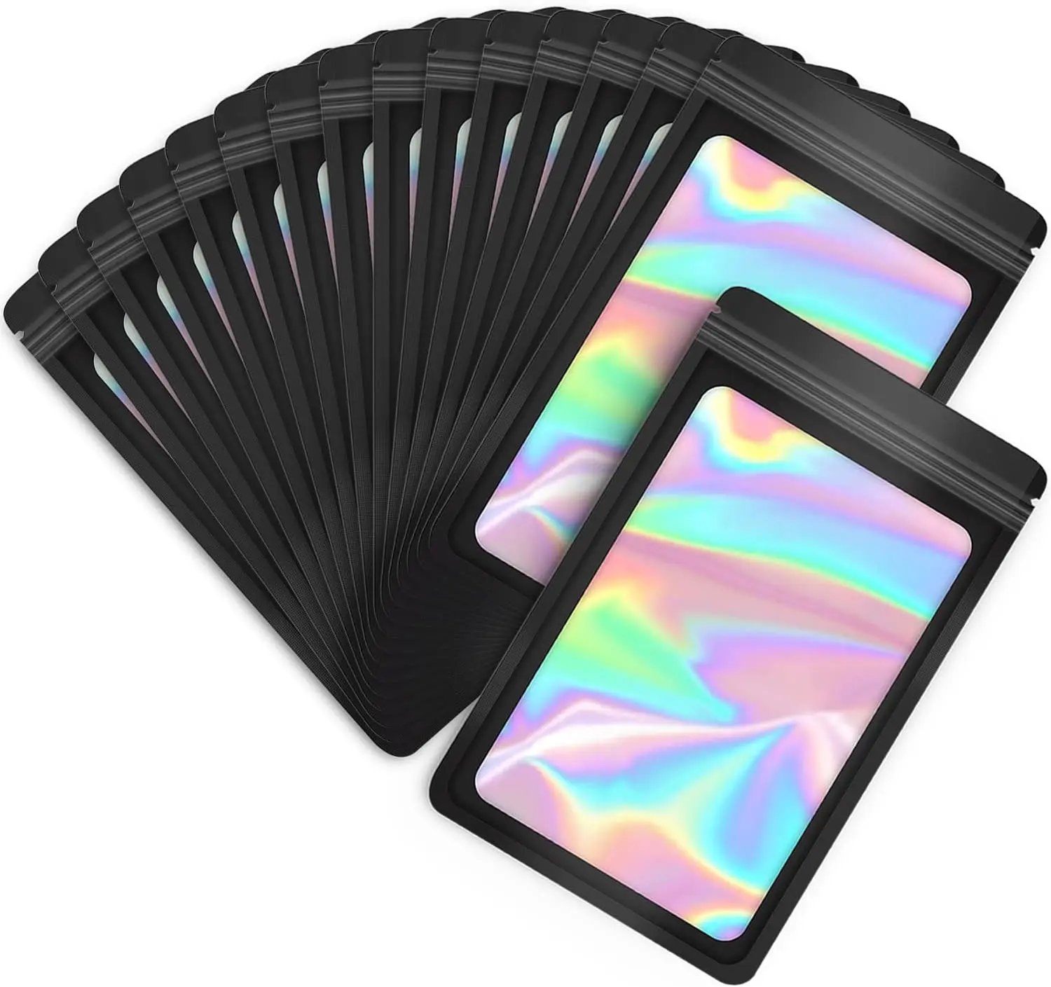 100-pack 3×4 inch mylar bags with clear window holographic resealable sealable packaging zip bag for small bussiness jewelry candy sample food packing supplies （black）