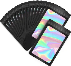 100-pack 3×4 inch mylar bags with clear window holographic resealable sealable packaging zip bag for small bussiness jewelry candy sample food packing supplies （black）