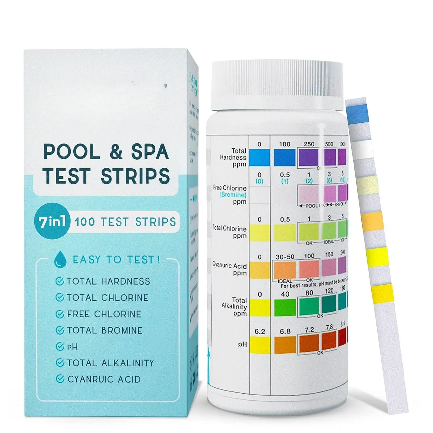 7 in 1 Pool and  Test Strips- Easy to Use Water Testing Kit for Pool, , Hot Tub & More - Tester Strip for Water Hardness, Chlorine, Bromine, pH, Alkalinity and Cyanuric Acid (100 Strips)
