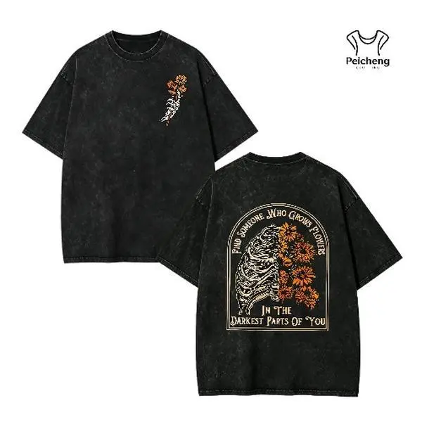 Orca BBB Brand 230g Washed Cotton Short-Sleeve Streetwear T-Shirt - Rib Design, Sunflowers Print, "Find Someone Who Grows Flowers" Slogan, Comfortable - Pairs with Pants, Ideal for Leisure, Anniversary Gifting