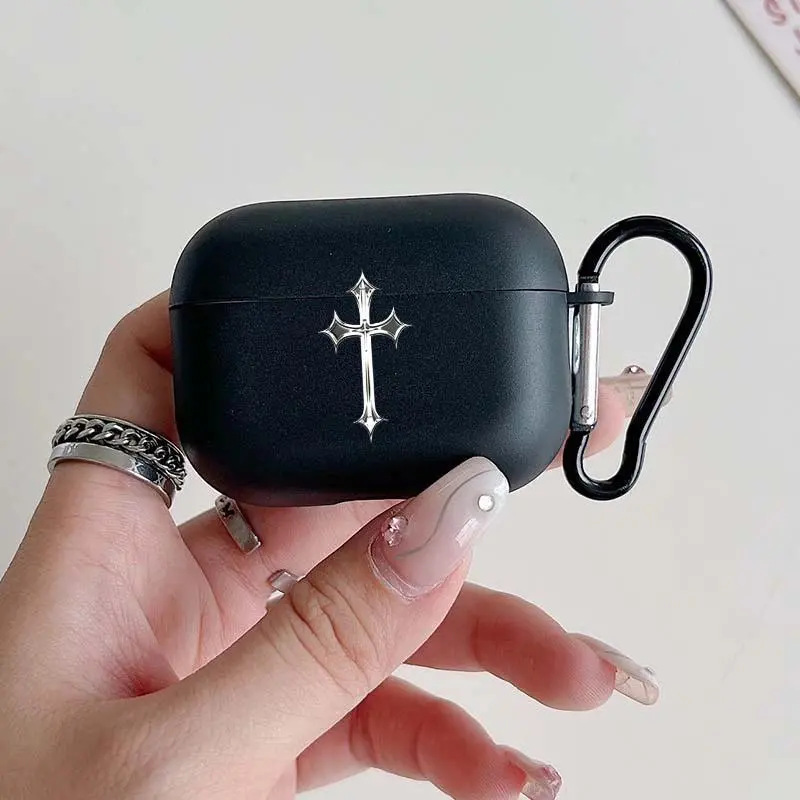 Gothic Silver Cross Earphone Case For AirPods 4/3/2/1 Headphones Cover For AirPods Pro3/Pro2/Pro Shockproof Cover With Carabiner
