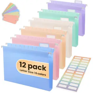 12 Pack Plastic Hanging File Folders for Letter Size with 1/5 Tabs, 1.35 Inch Expansion, Pastel Expandable for Filing Cabinet Organizer, Home & Office Documents Supplies