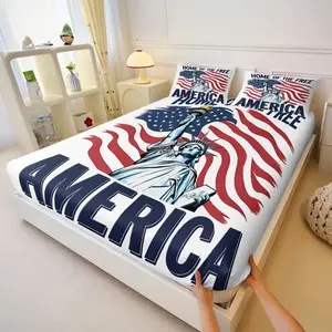 Statue of Liberty HD Print 3-Piece Fitted Sheet Set, American Flag Theme, All-Season, Lightweight, Ideal for Dorms & Bedrooms