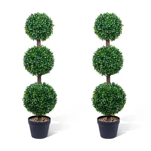 GAOMON 2 Pack Triple Ball Boxwood Topiary Tree, 3FT Realistic Indoor Outdoor Faux Greenery with Black Planter, Perfect for Entryway Patio Home Office Decor