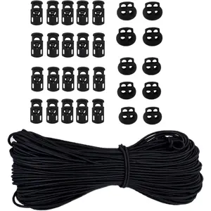 30pcs Plastic Cord Locks with 1/8-Inch 50ft Elastic Cord Heavy Stretch Round String, 10Pcs Sing-Hole, 10pcs Double-Hole Spring Toggle Stopper Slider (3mm-Black)