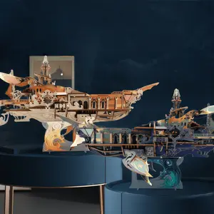 Whale Ark of the Universe - Science Fiction Spacecraft Vintage Magic Library Wooden Book Stand 3D Puzzle LED Lights for Children and Friends - SQ-52-13