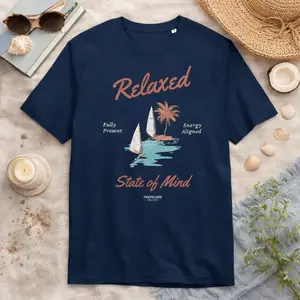 Relaxed State — Organic Cotton Tee, Relaxed State of Mind T-Shirt, Coastal Aesthetic Calm Energy, Beach Vibes Graphic Top, Mindfulness Shirt, Crewneck Unisex Tshirt [GOTS + OCS Certified]