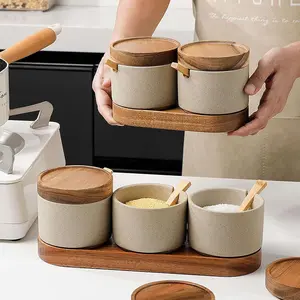 2 Piece Set Mini Spice Jars, Canister, Ceramic Condiment Storage Rack with Lids, Kitchen Seasoning Containers Utensils with Spoons, Salt and Sugar Shakers