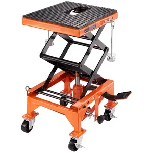 VEVOR Hydraulic Motorcycle Lift Table, 350 LBS Capacity Motorcycle Scissor Jack Lift with Wide Deck, J-hooks, 4 Wheels, Hydraulic Foot-Operated Jack Stand for ATV Dirt Bikes, Hydraulic Lift