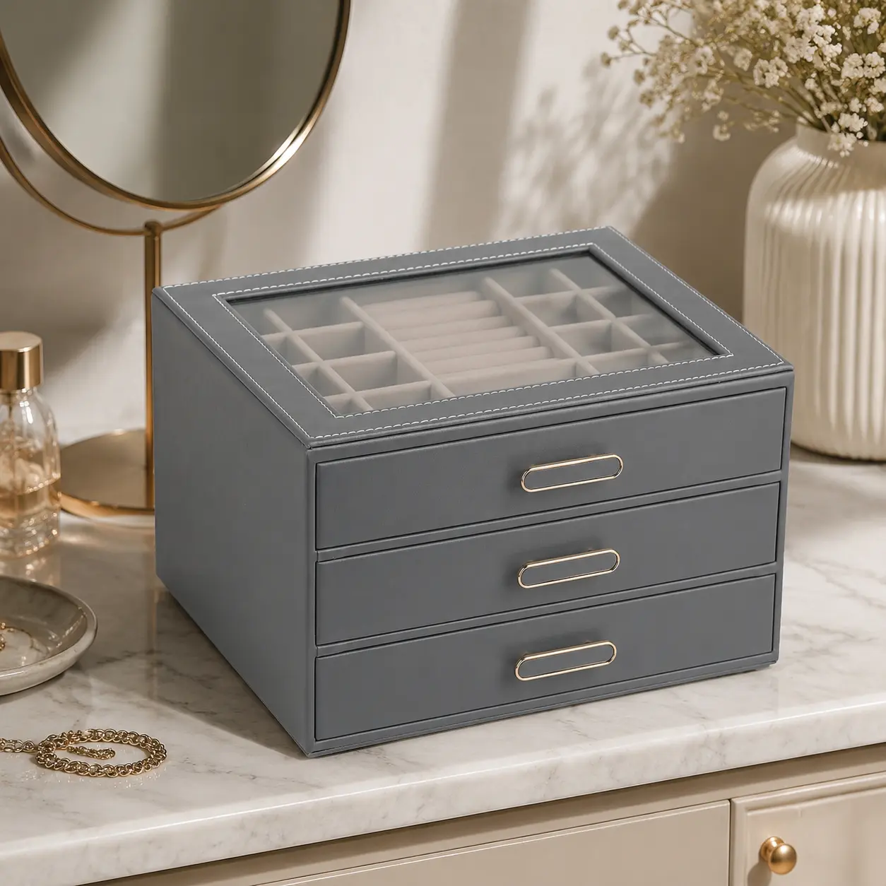 BOOVO 3-Tier Large Jewelry Box Organizer with Transparent Lid, Anti-Tarnish Velvet Storage Case for Necklaces, Rings, Earrings. High-End PU Leather Jewelry Tower, Perfect Birthday Wedding Bridesmaid Gift Choice for Women（Grey）