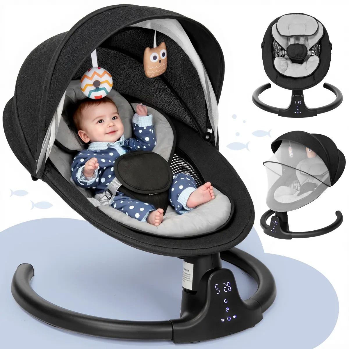 Electric Baby Swing for Infants with 5 Speeds 10 Lullabies Adapter Operated/AC power Indoor Outdoor Use Remote Control Gray