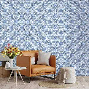 Light Blue Damask Wallpaper, PVC Adhesive Backing, Peel-And-Stick, Ideal for Kitchen/living Room/bedroom, Large Area Wall Decor