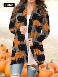 Women's Halloween Cat Pumpkin Print Soft Knit Cardigan, Casual Loose-Fitting Sweater for Spring & Fall, Cute Autumn Winter Fashion Knitwear