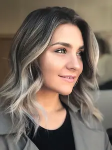 14 Inch Ash Brown Loose Short Wave Curly Synthetic Lace Font Wig with Dark Roots Glueless 13x4 Free Part Frontal Lace Heat Resistant Fiber Wigs Suitable for Women Daily Wear & Christmas Festival Party Use All Seasons 130% Density Put on and Go