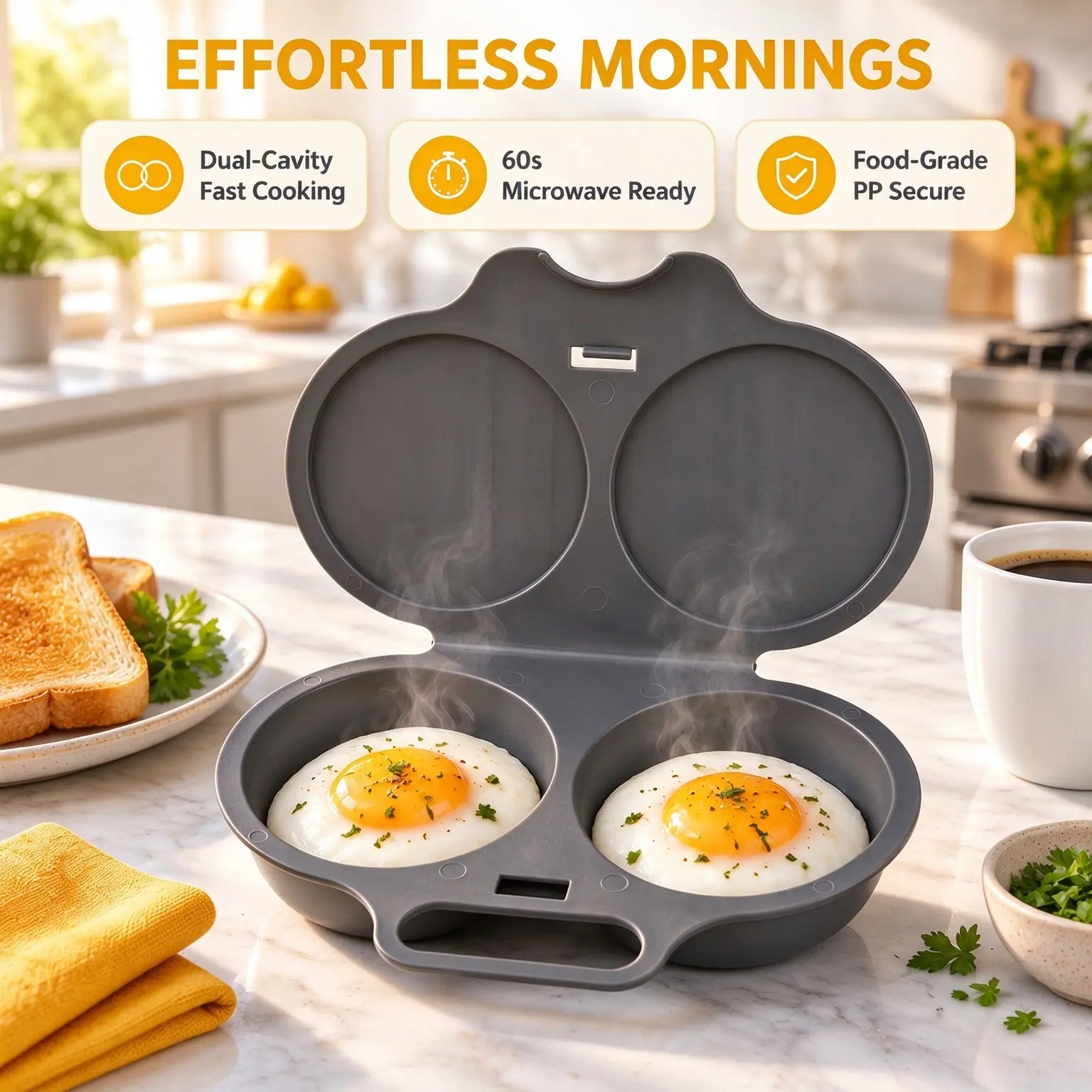 Food-Grade Plastic 2-Cavity Microwave Egg Cooker with Lid, Compact Non-Stick Egg Poacher, Heat-Resistant & Easy-to-Clean Kitchenware for Quick Breakfast Prep