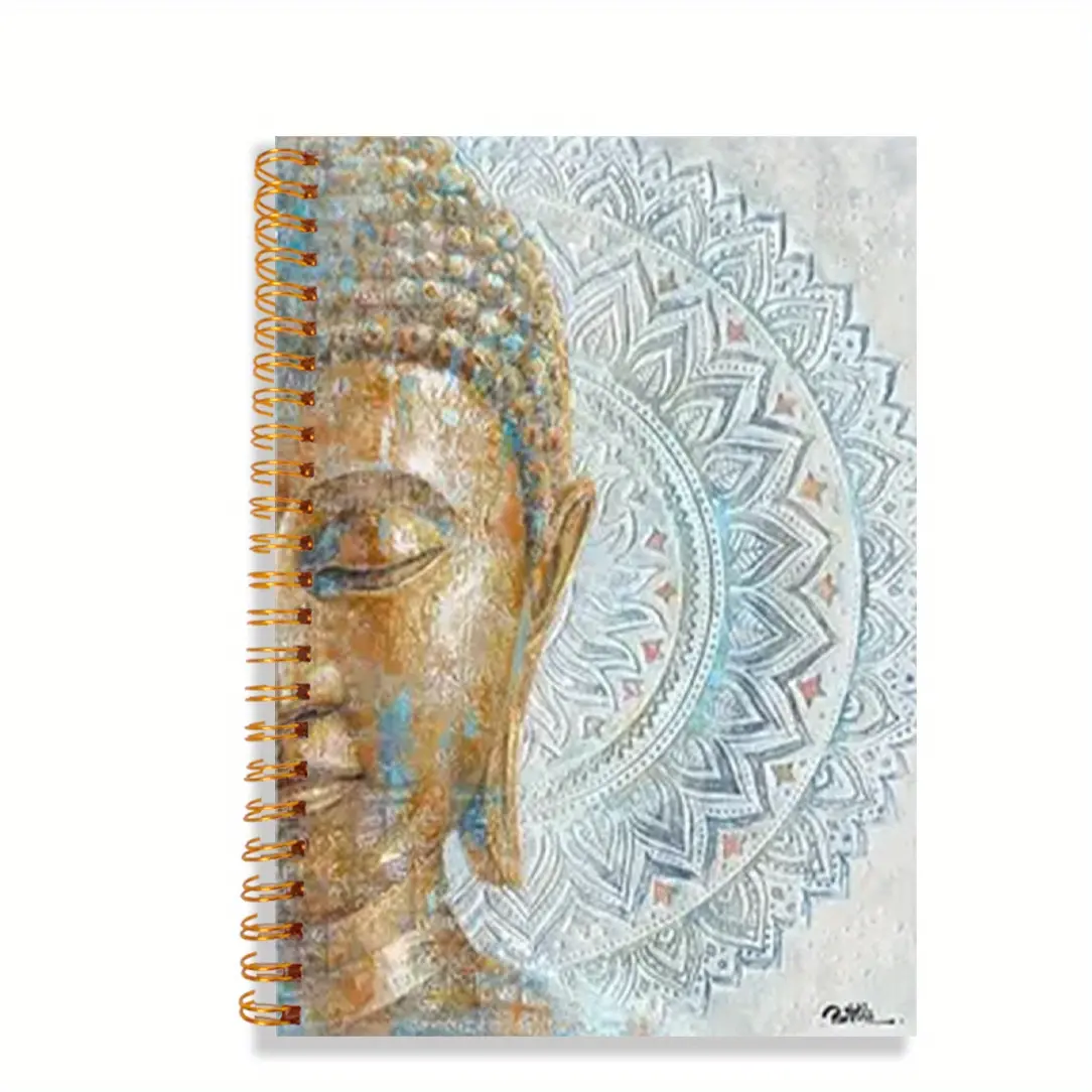 1pc Mandala Flowering Buddha Theme Gold Spiral Notebook Writing Notebook Diary and Office Stationery Perfect Gift for Friend，Birthday and Party Celebration, 5.5x8.3 Inches, 50 Sheets