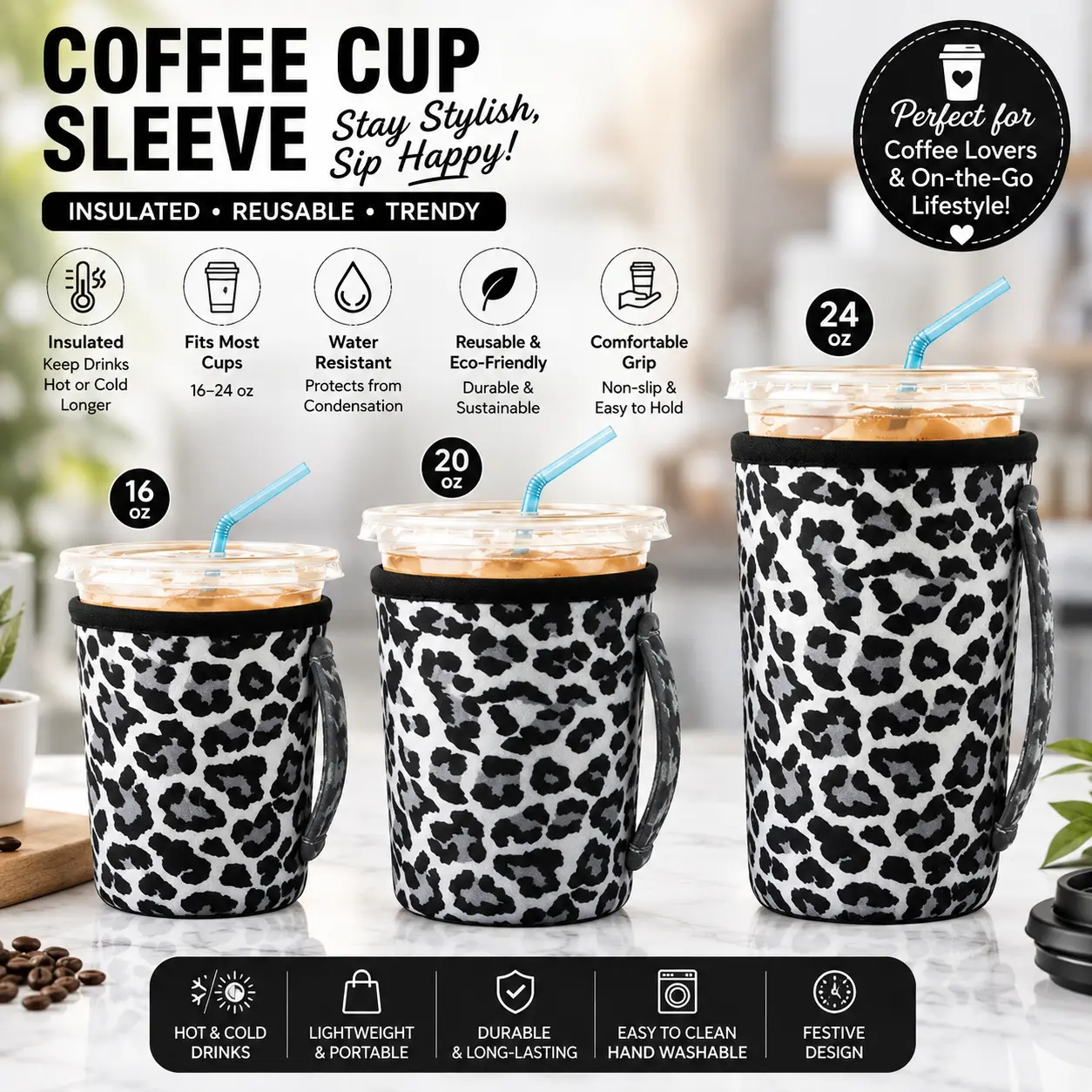 Universal Neoprene Coffee Cup Sleeve with Handle, Reusable Drink Holder for Coffee & Milk Tea, Printed Designs, Multiple Colors