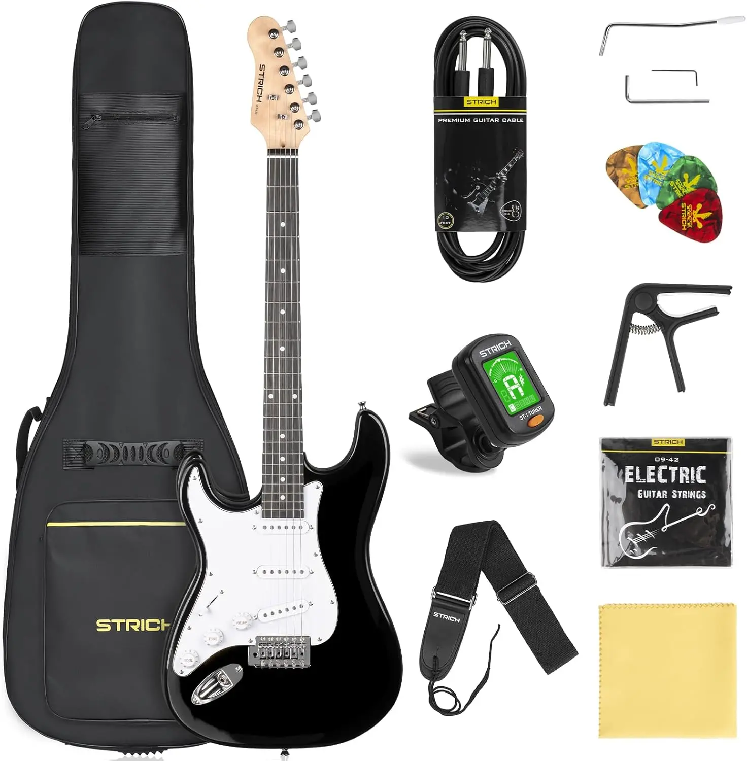 STRICH Left-Handed 39" Solid Body Electric Guitar Beginner Kit with SSS Pickups, 5W x 2 Amplifiers, Adjustable Guitar Strap, Bag, Tuner, Capo, Strings, Cable, Picks - SST-S10L Black