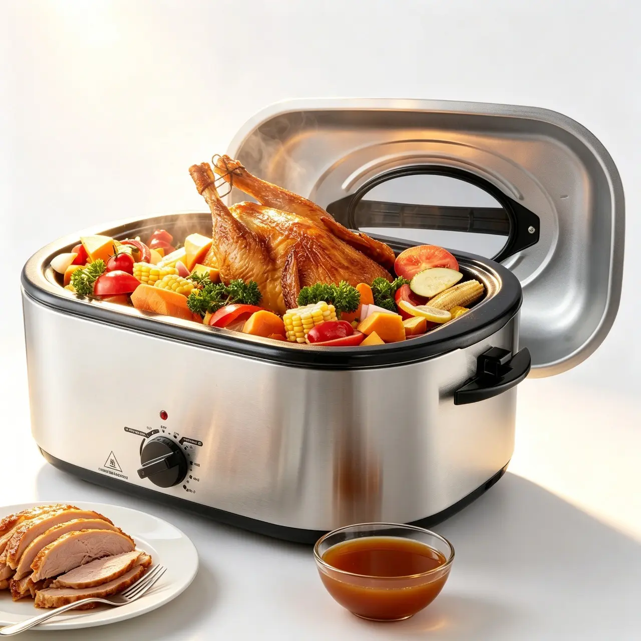 24QT Multi-Function Electric Roaster Oven, Countertop Kitchen Appliance with Removable Pan & Rack, Silver