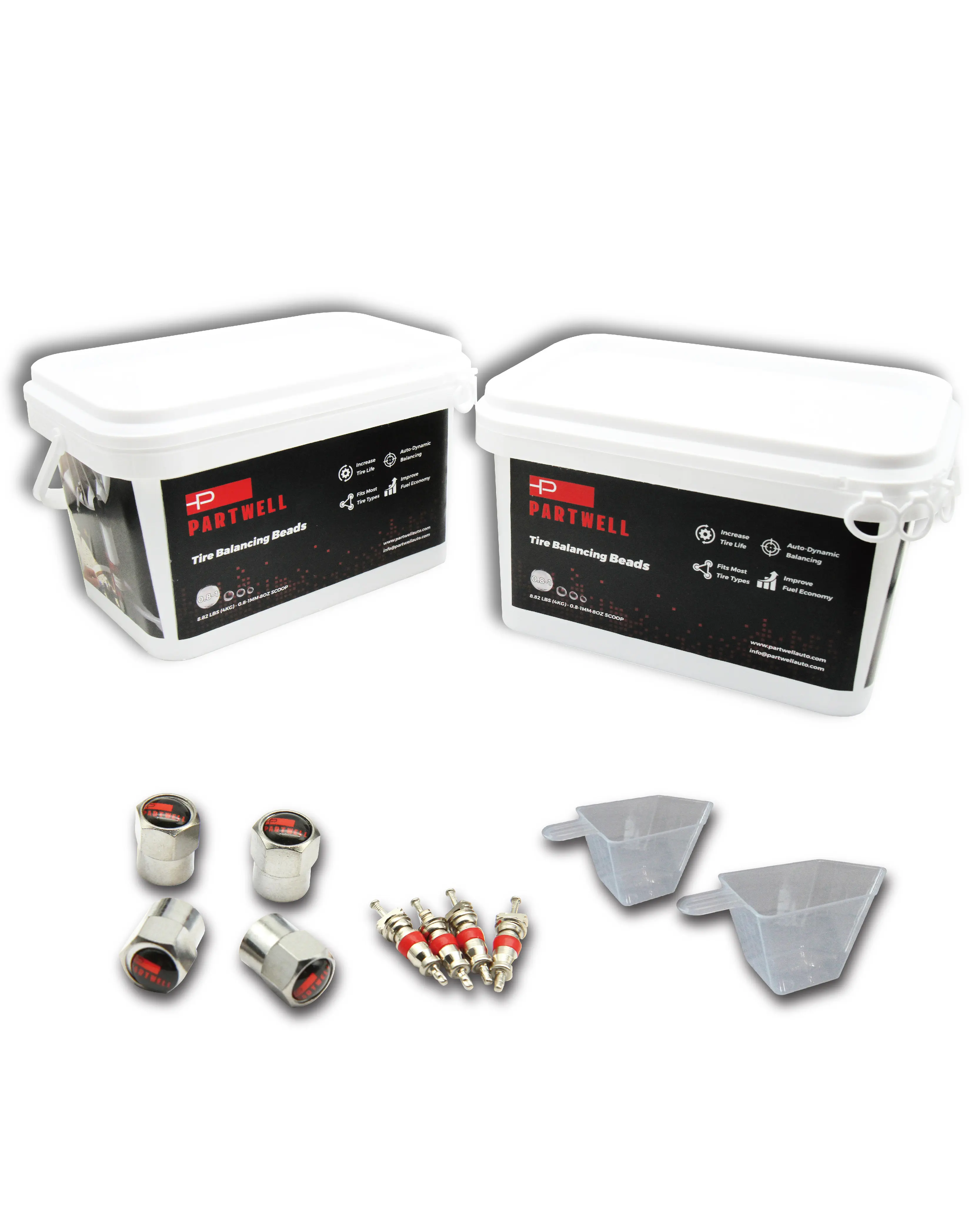 Tire Balancing Beads 288oz (8KG) Bulk Tub with Sealed Bag, 2 Scoops, 2 Tire Tread Depth Gauges, 4 Valve Cores, 4 Valve Caps - for SUV, Light/Medium/Heavy Duty Truck, Off-Road