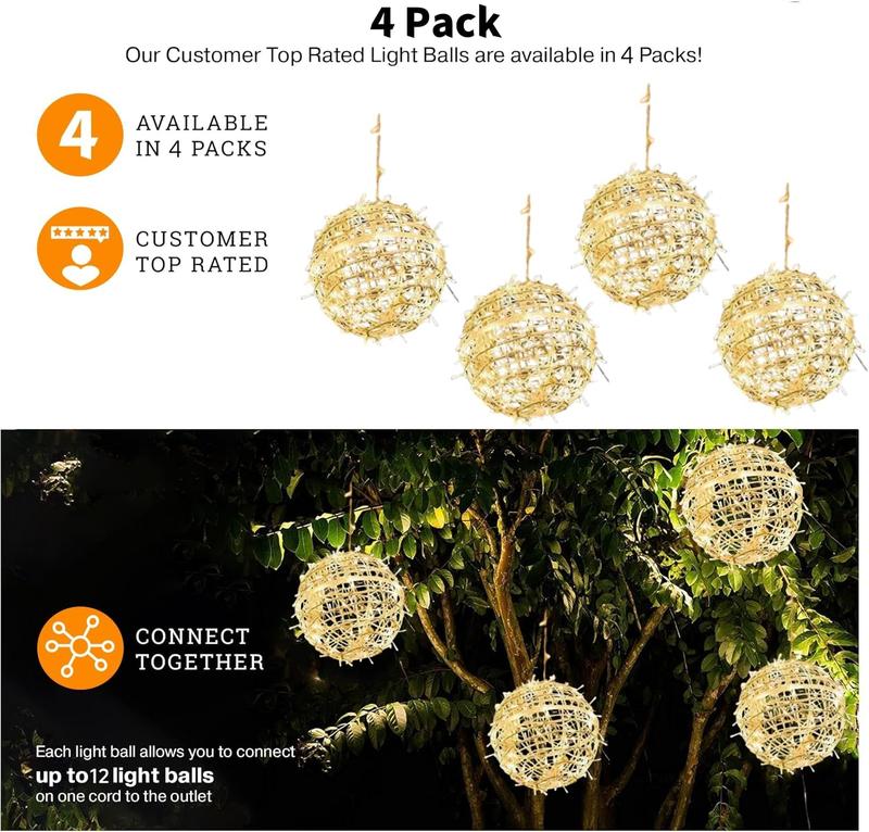 Outdoor Christmas Balls Lights 4 Pack Hanging 7.9" LED Garden Sphere Tree Lights 8 Modes  Glow Globe Lights with Memory Timer Plug for Party Yard Porch Eave Patio Xmas Decorations-Warm White