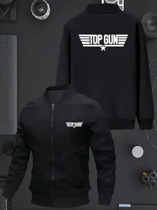 Men's Pilot Jacket with Top Gun Logo Wings & Star Badge, Heavyweight Aviation Bomber Coat, Zipper Flight Suit for Winter/spring/autumn, Casual Athletic Jacket