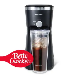 Betty Crocker Coffee Maker for Iced & Hot Brew, Brews in 4 Minutes, Compact Iced Coffee Machine with Chrome Accents, Reusable Filter, BPA-Free 20-Oz Tumbler & Straw, BC-4869B, Black