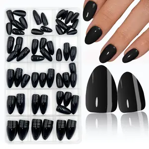 160Pcs Black Press on Nails Almond Shape Nails, Short Fake Nails Glossy Acrylic False Nails Reusable Full Cover Stick on Nails for Women, 16 Sizes, Thicker Fingertips Artificial Nails