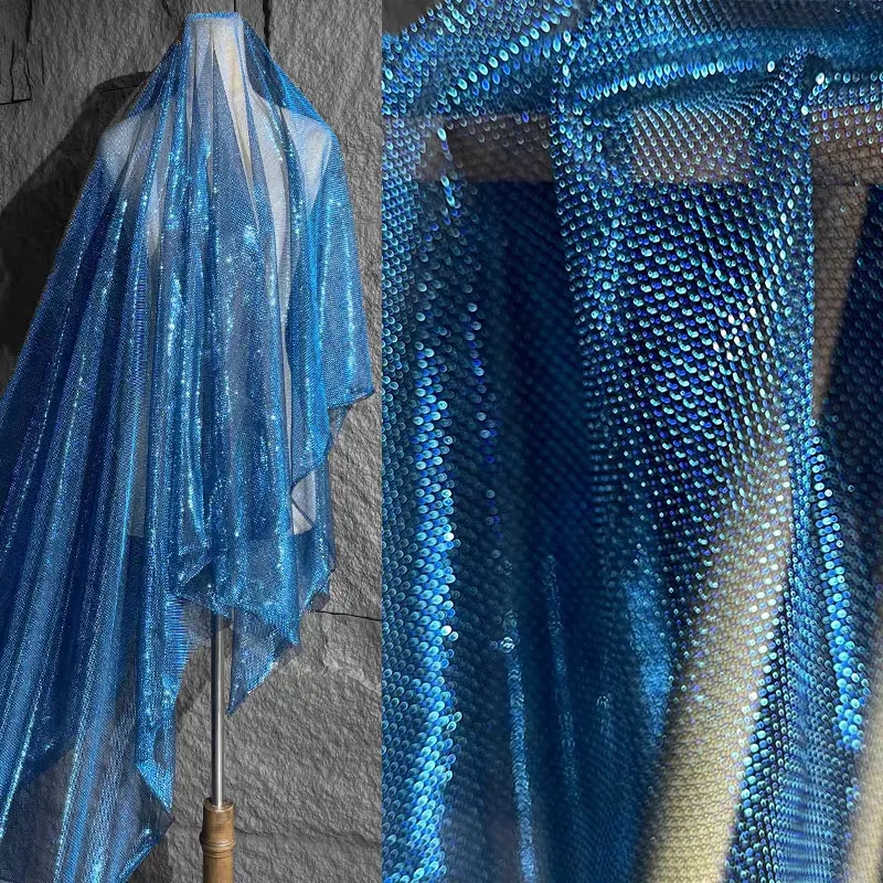 1 piece of blue mesh fabric — breathable, soft textile material suitable for DIY crafts, sewing projects, and clothing making
