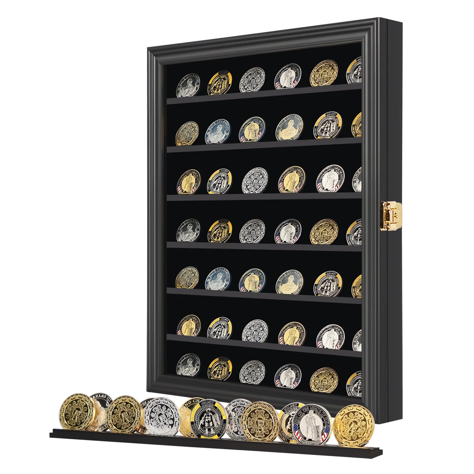 Large Black Wood Lockable Military Challenge Coin Collector Display Cabinet - Acrylic Anti-Dust Lockable Door, Removable 2-Groove Shelves, Acrylic Display Box for Coin Storage, Casino Poker Chips, Veterans Day Gift (Anti-Theft)