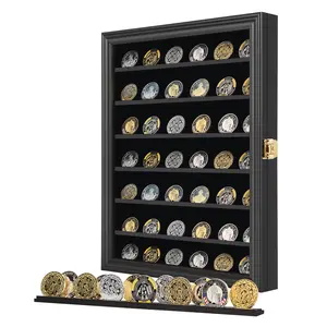 Military Challenge Coin Display Case Lockable Cabinet Rack Holder Deep Shadow Box with Removable 2 Grooves Shelves Anti Dust Door for Casino Poker Chips Collectibles Large Black Organiser Gift